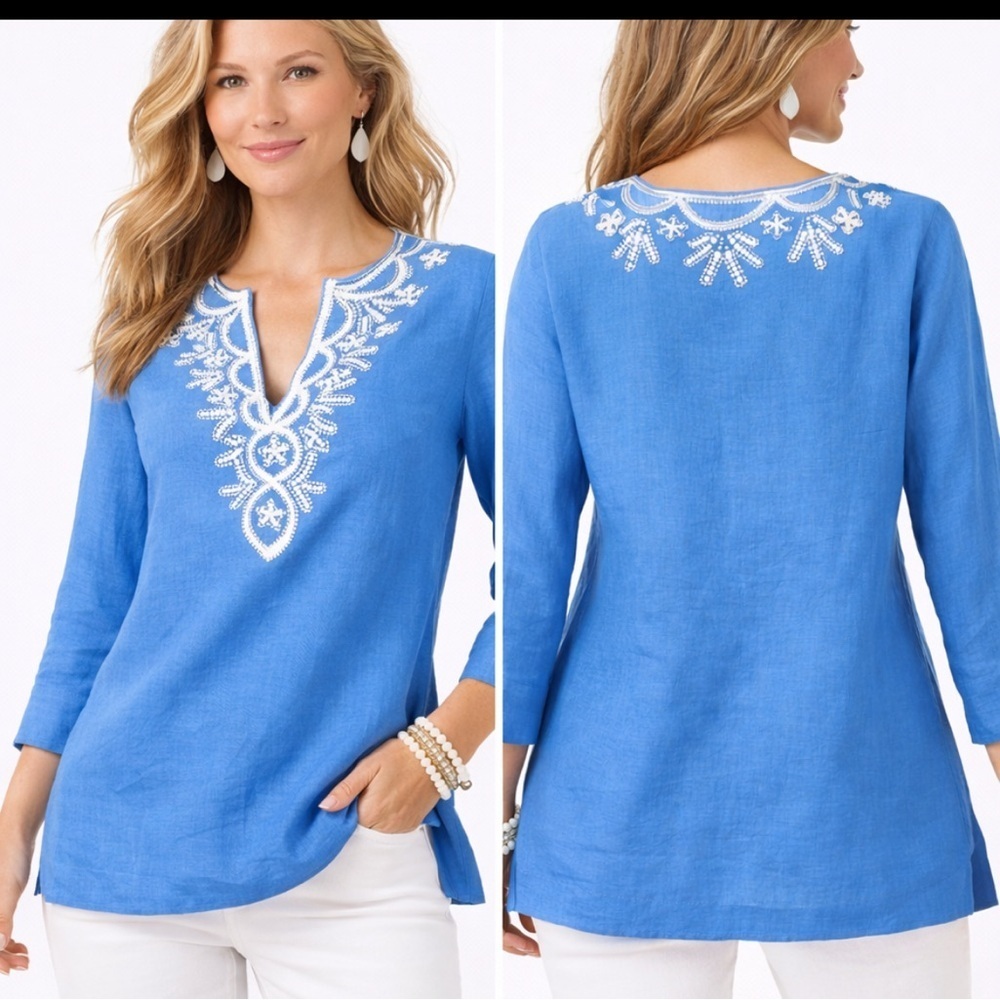 Lilly Pulitzer Amelia Island Blue Linen Tunic Medium Top Beaded Resort